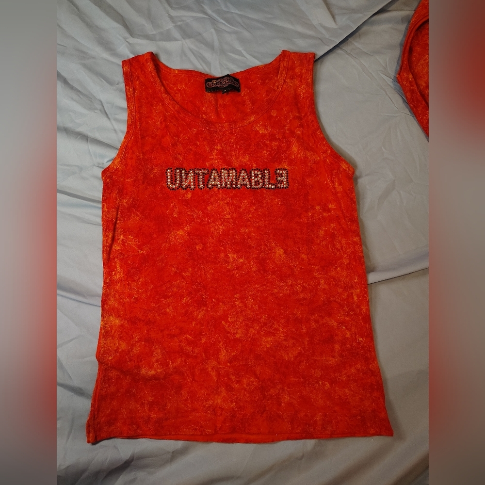 Untamable Embellished Orange Tank Top Size Medium